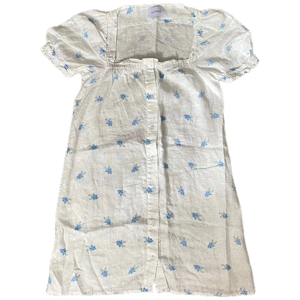 Sleeper Brigitte Linen Mini Dress in Linum Tie Waist Puff Sleeve Blue Floral M